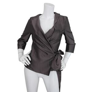 Max Mara Raw Silk Wrap Top Tie Waist Blouse Gray 3/4 Sleeve Size US 6
